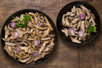 Delicious fried mushrooms in pan on table