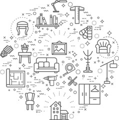 Simple Set of interior and furniture Related Vector Line Illustration. Contains such Icons as home decoration, sofa, bulb, couch and Other Elements. 