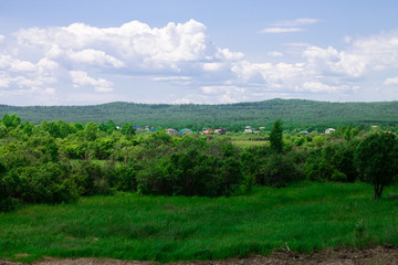 Summer landscape with a green meadow and blue sky.