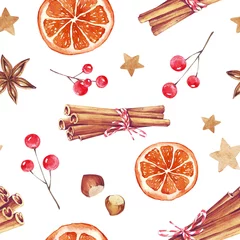 Wallpaper murals Watercolor set 1 Watercolor hand drawn Christmas seamless pattern with Christmas stockings, candy canes, Christmas decorations, stars and toys on white background. Perfect for wrapping paper, textile design, print. 