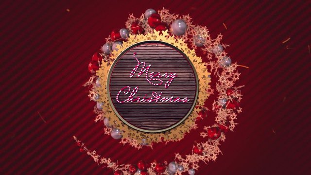 Holiday creative tunnel animation with xmas balls and snowflakes on static red lines Dark style background. Merry Christmas inscription in center of animation.
