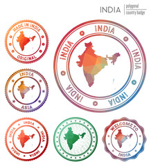 India badge. Colorful polygonal country symbol. Multicolored geometric India logos set. Vector illustration.