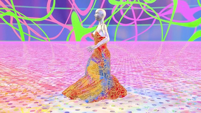 Artificial alien woman robot android in a colorful dress is walking in an abstract fantastic landscape. Artificial intelligence. Fashion of the future. Sci-fi stylish robotic girl. CG animation.
