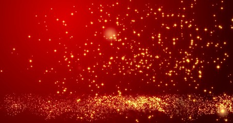 Golden confetti bokeh lights on the red background. 3d illustration