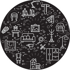 Simple Set of interior and furniture Related Vector Line Illustration. Contains such Icons as home decoration, sofa, bulb, couch and Other Elements