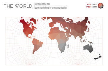 World map in polygonal style. Guyou hemisphere-in-a-square projection of the world. Red Grey colored polygons. Beautiful vector illustration.