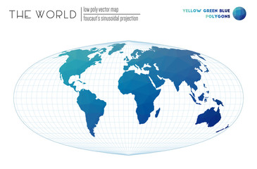 World map in polygonal style. Focault's sinusoidal projection of the world. Yellow Green Blue colored polygons. Contemporary vector illustration.