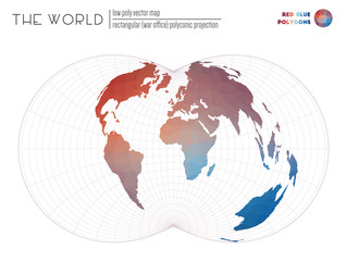 Abstract geometric world map. Rectangular (War Office) polyconic projection of the world. Red Blue colored polygons. Amazing vector illustration.