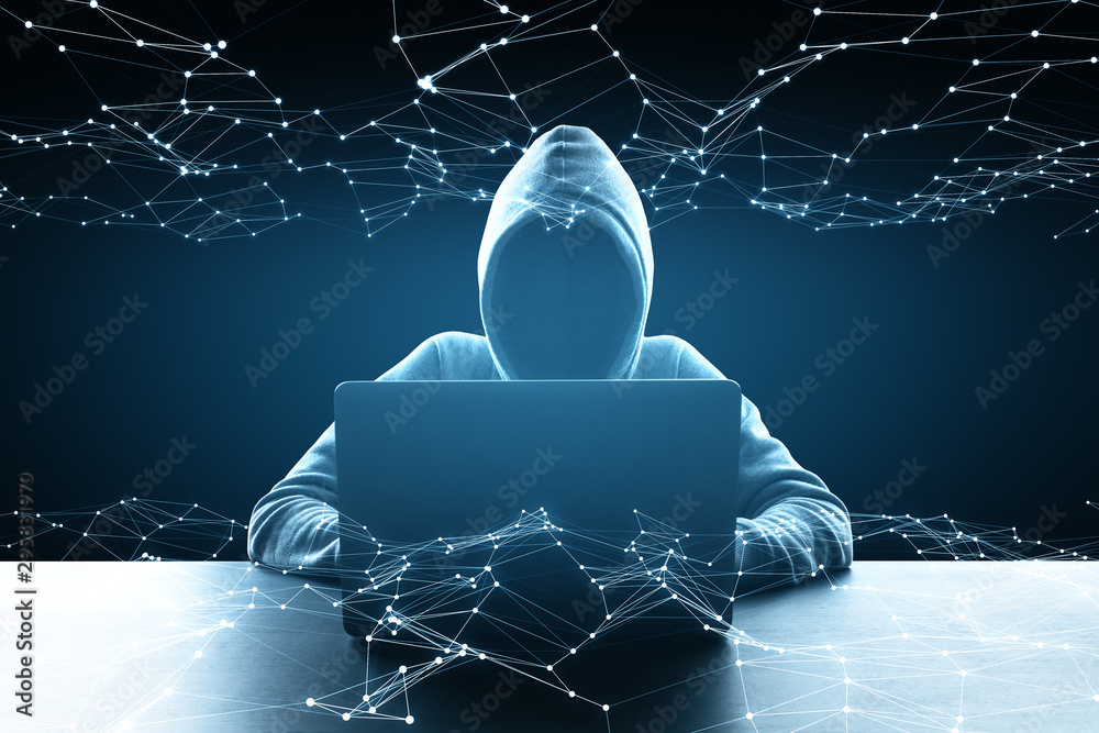 Poster Hacker using laptop with hologram