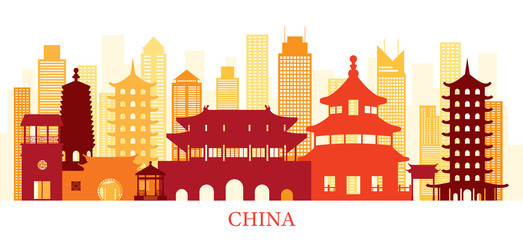 China Skyline Landmarks Colorful Silhouette Background