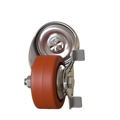 large metal industrial wheel with rubber tire, isolated on white background. 3D rendering of excellent quality in high resolution. It can be enlarged and used as a background or texture.