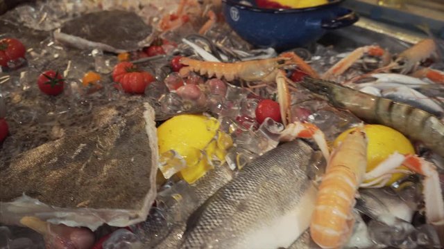 Fresh seafood, different sea fish, shrimps and vegetables in ice sold on showcase in the restaurant.