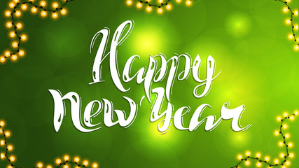 Green New Year greeting card with garland and lights