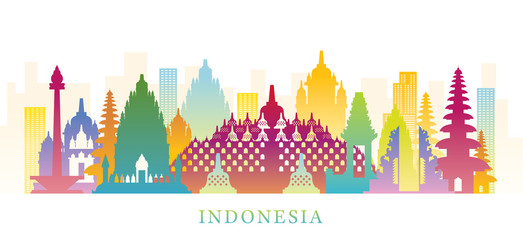 Indonesia Skyline Landmarks Colorful Silhouette Background