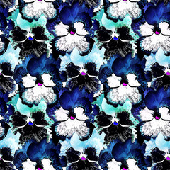 Seamless floral retro pattern. Blue, gray, white and black pansies with a pink center.