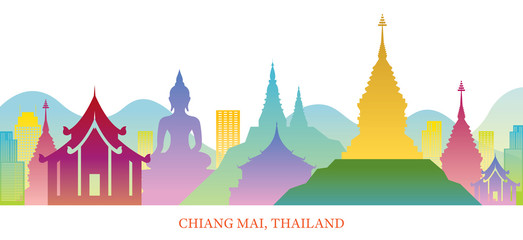 Chiang Mai, Thailand Skyline Landmarks Colorful Silhouette Background