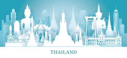 Thailand Skyline Landmarks in Paper Cutting Style