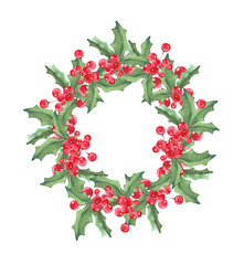 Christmas card. Watercolor painting. Berry wreath for Christmas. Watercolor illustration. Holly sprigs with red berries.
