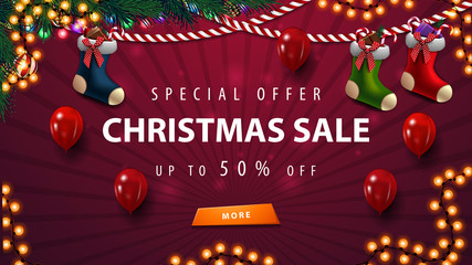 Purple Christmas sale template with garland, balloons and Christmas stockings