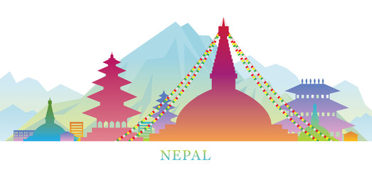 Nepal Skyline Landmarks Colorful Silhouette Background - obrazy, fototapety, plakaty