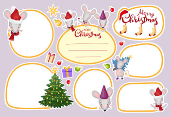 Collection of frame, stickers, labels. Patch with Christmas mice and New Year decorations. Part 3. Flat vector design.