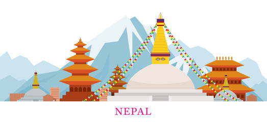 Nepal Skyline Landmarks in Flat Style - obrazy, fototapety, plakaty