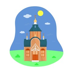 Illustration of Russian Orthodox wooden Church. Flat style. Vector. Isolated.