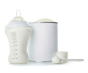 Bottle of milk and jar with baby formula on white background