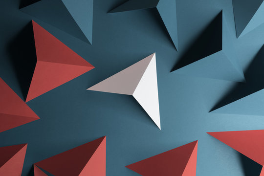 Composition with triangular shapes, red background	