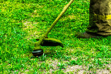 man in work clothes mows green grass with a trimmer