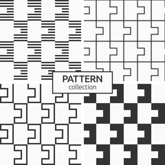 Set of four seamless patterns. Abstract geometric trendy vector backgrounds. Modern stylish textures of interlocking shapes.