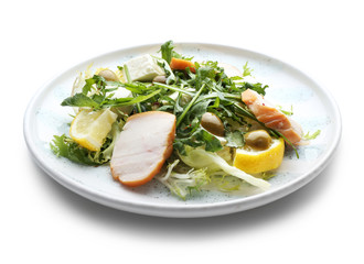 Plate with tasty salad on white background