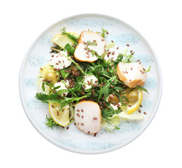 Plate with tasty salad on white background