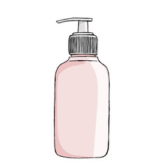 Vector hand drawn bottle for hand soap, lotion, cream. Isolated on white background. Sketched mockup of cosmetic package. Pink color.