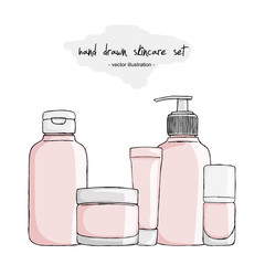Set of hand drawn cosmetic bottles and packaging for skin care. Containers and tubes for cream, tooth paste, serum, nail polish, dropper bottle for medical or cosmetic fluid, serum, drops, oil.Vector.