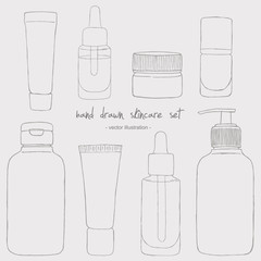 Set of hand drawn cosmetic bottles and packaging for skin care. Containers and tubes for cream, tooth paste, serum, nail polish, dropper bottle for medical or cosmetic fluid, serum, drops, oil.Vector.