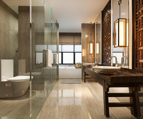 3d rendering modern bathroom with luxury tile and chinese wall decor 