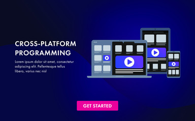 Cross platform software development and coding programming website template, landing page or banner isometric 3D design. Set of electronic devices use multi-platform web app development multi-device.