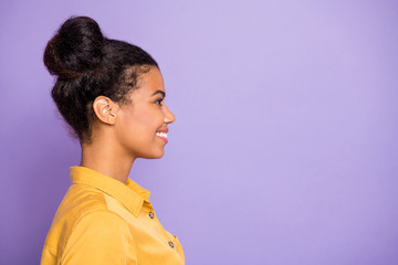 Profile photo of pretty dark skin lady looking empty space beaming toothy smiling listening best...