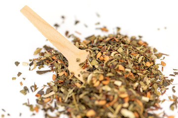 Heap of floral loose leaf herbal tea isolated on a white background
