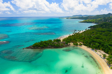 Aerial photography of amazing tropical panorama of Rincon bay.Samana peninsula,Rincon beach,Dominican Republic. - obrazy, fototapety, plakaty