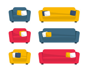 Collection of sofas and armchairs in flat cartoon style. Set of couch. Vector illustration