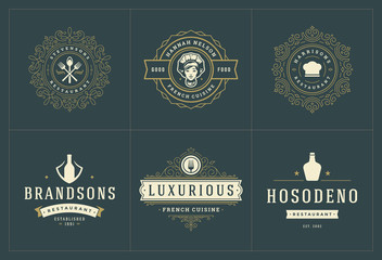Restaurant logos templates set vector illustration good for menu labels and cafe badges