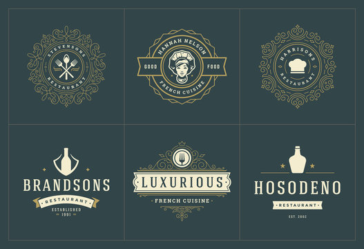 Restaurant logos templates set vector illustration good for menu labels and cafe badges