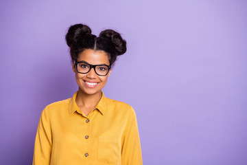 Closeup photo of amazing business dark skin lady beaming smiling ready for studying process wear specs yellow shirt isolated purple color background