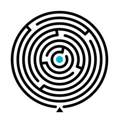 Round labyrinth vector illustration. Find path educational game on white background. Circle shape maze with entry isolated clipart. Problem solving, challenge and logical thinking concept