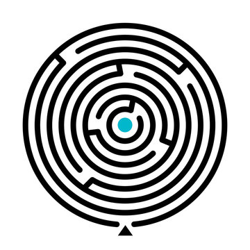 Round labyrinth vector illustration. Find path educational game on white background. Circle shape maze with entry isolated clipart. Problem solving, challenge and logical thinking concept
