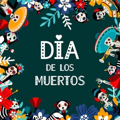 Fototapeta premium Day of Dead, Dia de los muertos, flat vector social media banner template. Skeletons celebrating Mexican traditional holiday poster layout with spanish text. Party cartoon invitation design