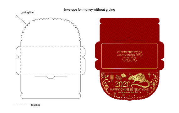 Chinese New Year Red Envelope Flat Icon. Illustration. Red Packet With Gold Rat And Lanterns. Ready For Print. Cutting Line