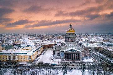 Saint Petersburg winter. Russia. St. Isaac's Cathedral in the snow. Isakievskaya Square. Center Tours in Petersburg. St. Isaac's Cathedral in Petersburg. View from the quadcopter. Cities of Russia